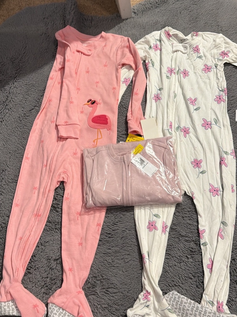 3 Carter's Pink Flamingo & Floral Footed One-Piece Pajamas 2t